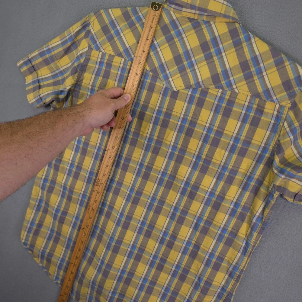 True Religion Shirt Mens XL Western Pearl Snap Plaid Yellow Blue Short Sleeve XL